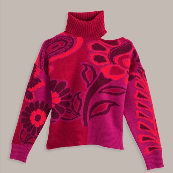 NWT Farm Rio pink bold floral knit sweater with one shoulder cut out, size XL - Picture 8 of 10